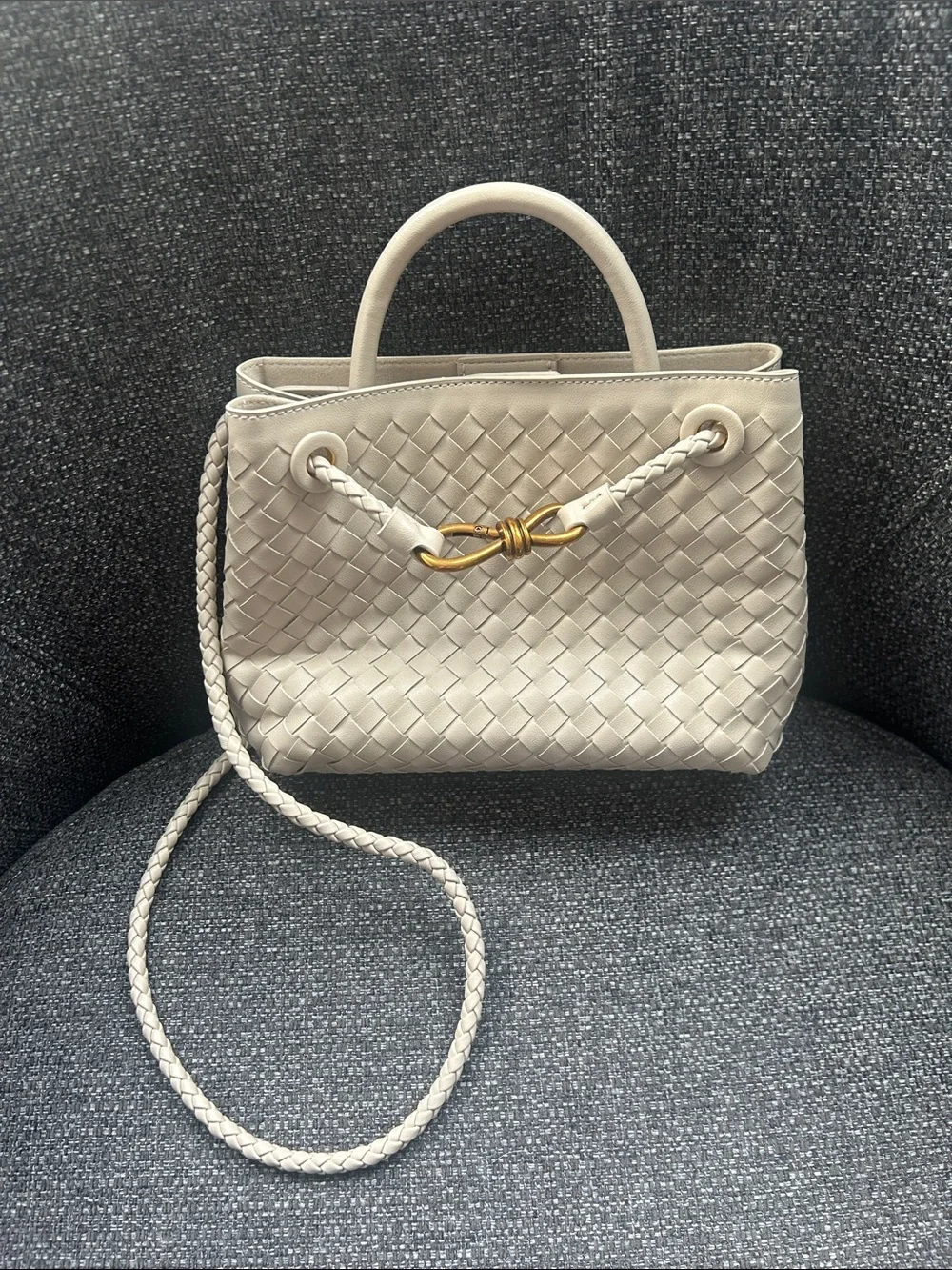 Woven Pleather Tote with Gold Knot Accent - Cream - Picture 2 of 7